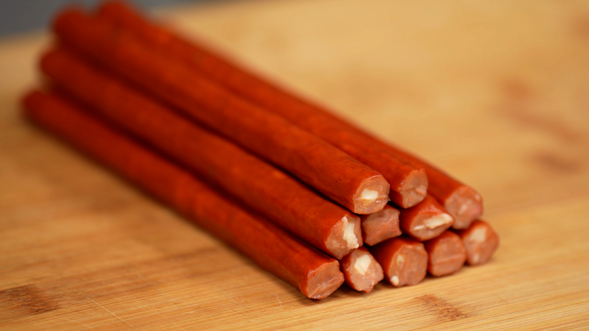 Snack Sticks snack sticks stacked on cutting board